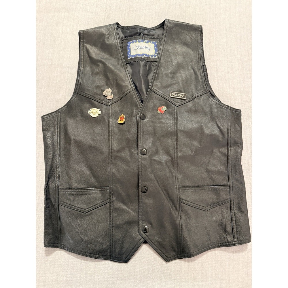 Starling Leather Motorcycle Vest Mens 42 Black Biker Harley Pins Snap Front